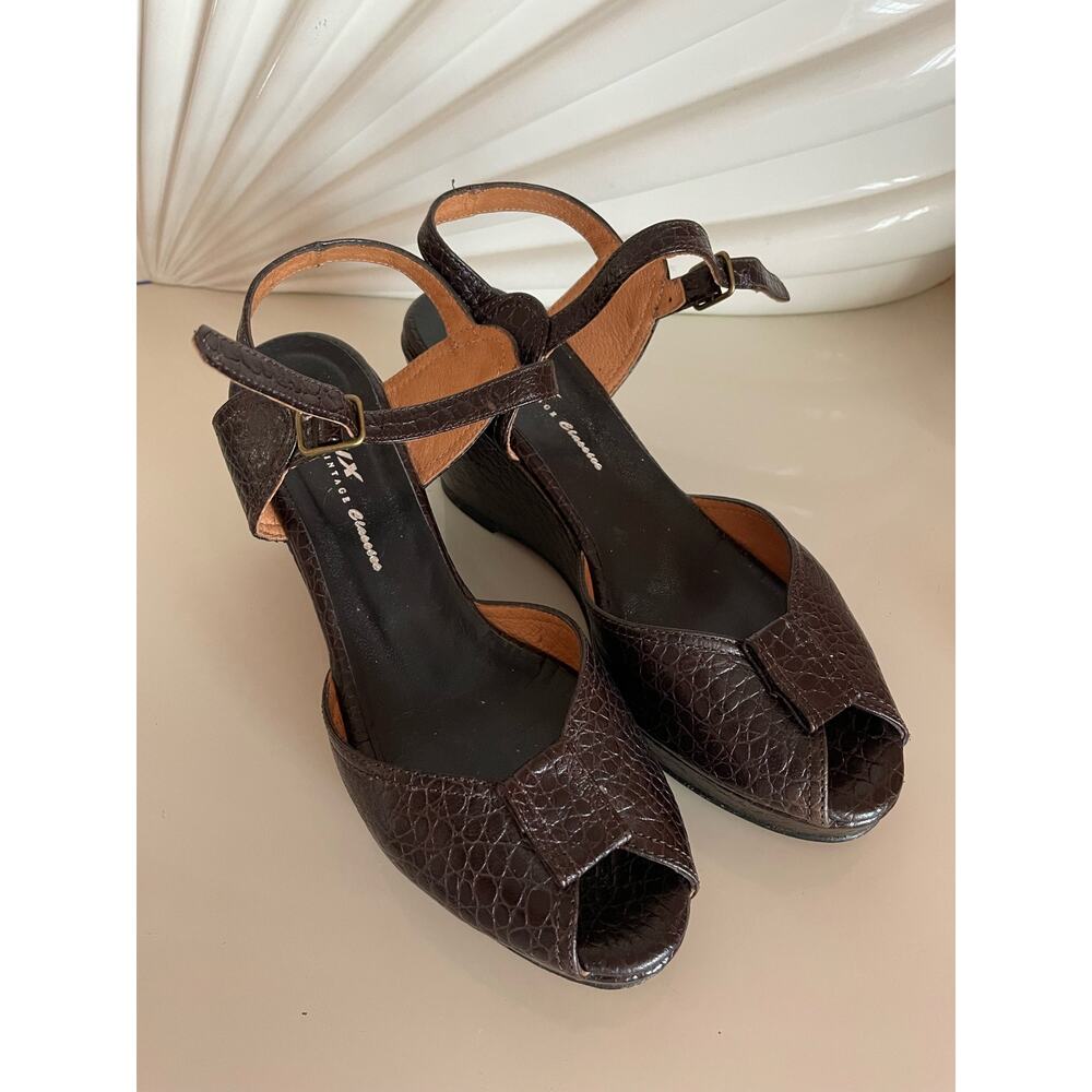 Re-Mix Paseo Wedge Sandals Dark Brown Faux Croc Vintage Style Sandals Size 8